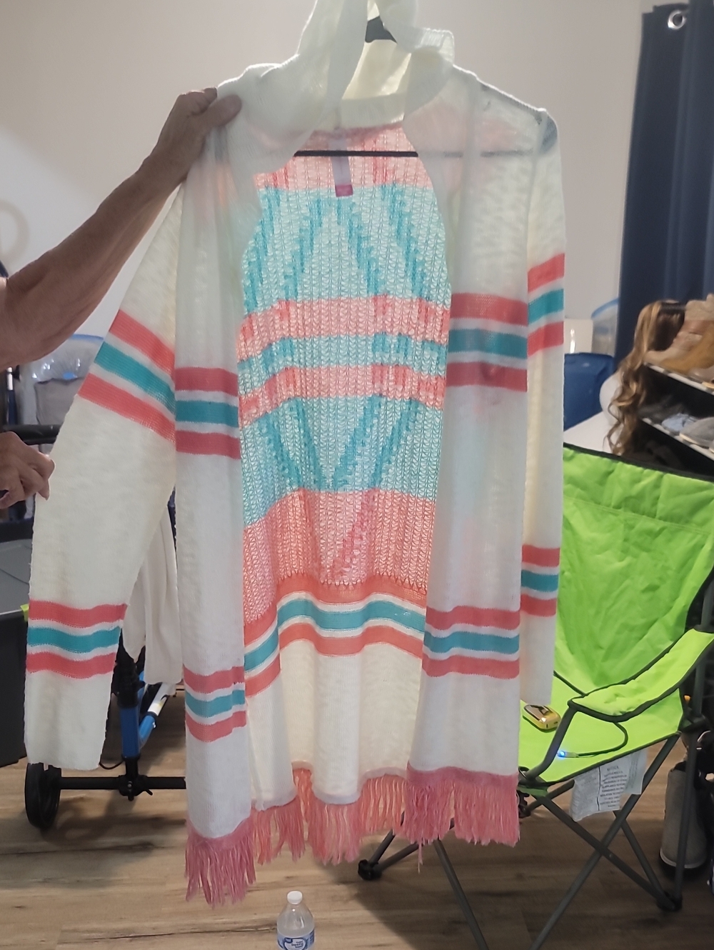 Kohl's Cream Open-Front Fringe Cardigan with Coral and Aqua Stripes
